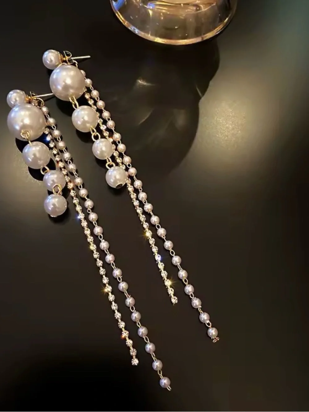 Long Crystal Pearl Tassel Earrings Korean Style Elegant Statement Jewelry